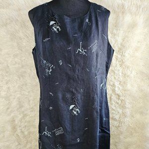S Way Women's 100% Linen Black Graphic Pattern A Line Sleeveless Dress XL